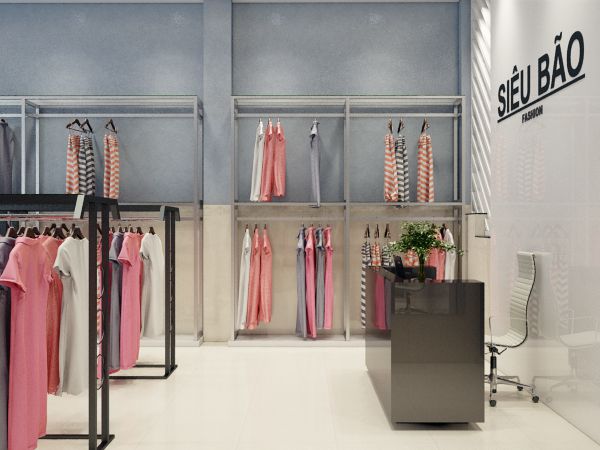 Hai gam màu khách biệt đươc chia làm hai theo phương đứng làm nổi bật không gian mẫu thiết kế shop thời trang nữ