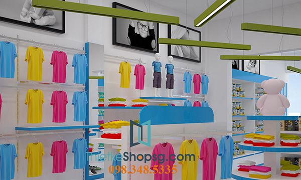 Bố trí hệ thống đèn chiếu sáng nổi bật và gây trí tò mò củ trẻ em trong cách thiết kế nội thất shop quần áo trẻ em