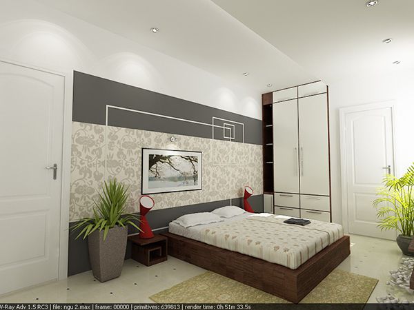Thiết kế nội thất phòng ngủ kết hợp giữa ánh sáng đèn và gam màu sáng của tường.