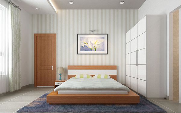 Thiết kế nội thất nhà phố với phòng ngủ tầng 2 tạo điểm nhấn sơn kẻ sọc trên tường tạo phong cách trẻ trung