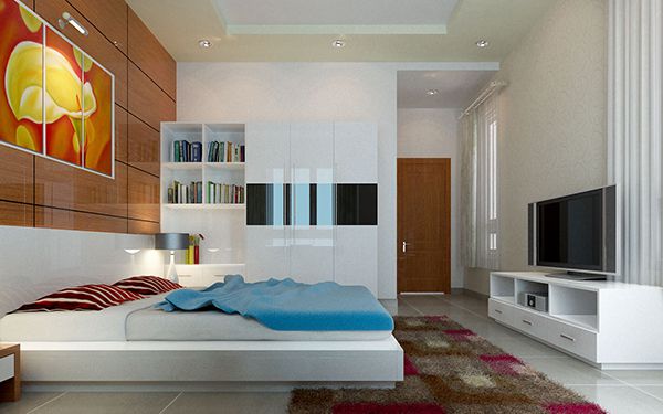 Phòng ngủ tầng 4 dành cho người trẻ trong gia đình được thiết kế nội thất với gam màu sáng và phong cách hiện đại