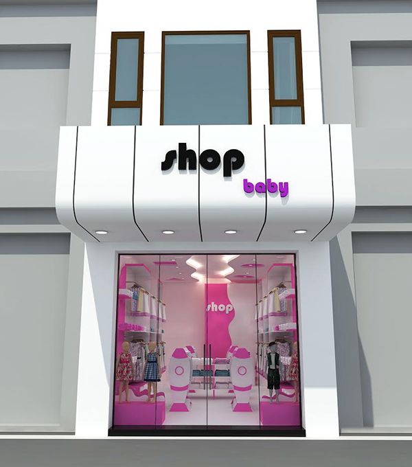 Thiết kế nội thất shop thời trang trẻ em với mặt tiền nổi bật của thương hiệu shop cùng cửa kính trong suốt