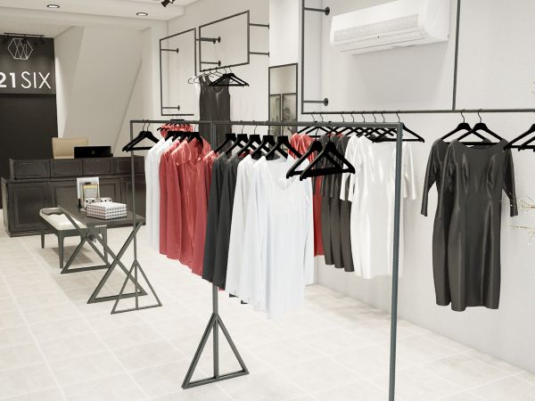 Thiết kế cửa hàng quần áo nữ với kệ sản phẩm tối giản giúp giảm tối đa chi phí đầu tư