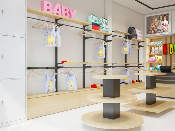 Thiết kế shop thời trang trẻ em với nội thất được thiết kế nhẹ nhàng, đơn giản nhưng đầy gàn gũi và lôi cuốn