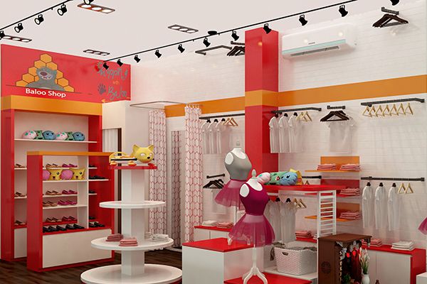 Mẫu thiết kế shop thời trang trẻ em với kệ sản phẩm đa dạng và dễ tiếp cận