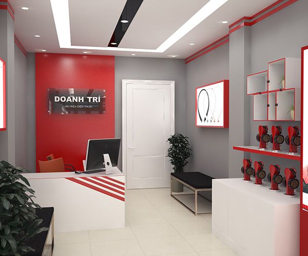 Gam màu đỏ làm điểm nhấn là yếu tố tạo sự nổi bật trong thiết kế mẫu shop điện thoại nhà phố