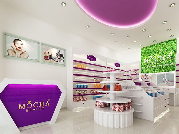 Thiết kế cửa hàng mỹ phẩm với gam màu tím làm điểm nhấn cùng trần thiết kế đẹp nổi bật