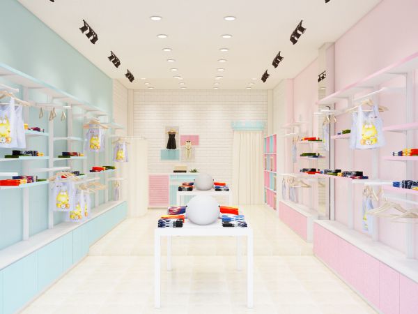 Sàn shop thời trang trẻ em sử dụng gạch trắng tạo sự hiện đại trong phong cách thiết kế shop