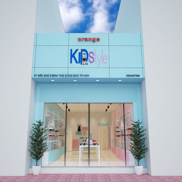 Mặt tiền shop thời trang trẻ em hiện đại được thiết kế với gam màu xanh da trời và logo ấn tượng