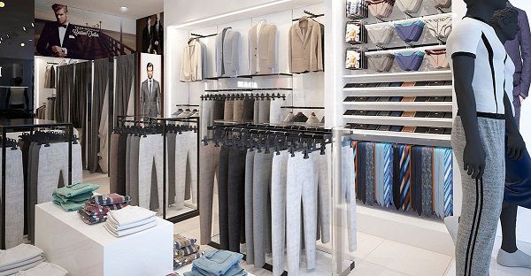Gam màu xanh nhẹ nhàng tạo không gian rộng hơn khi thiết kế shop thời trang nam có mặt bằng nhỏ