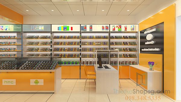 Gam màu cam nổi bật trong mẫu thiết kế cửa hàng điện thoại đẹp