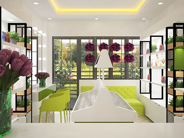 nội thất shop mỹ phẩm đẹp và hiện đại tạo không gian nhẹ nhàng bởi điểm nhấn các bình hoa đầy màu sắc