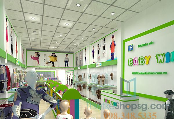 Thiết kế cửa hàng quần áo trẻ em ấn tượng với gam màu xanh lá nổi bật